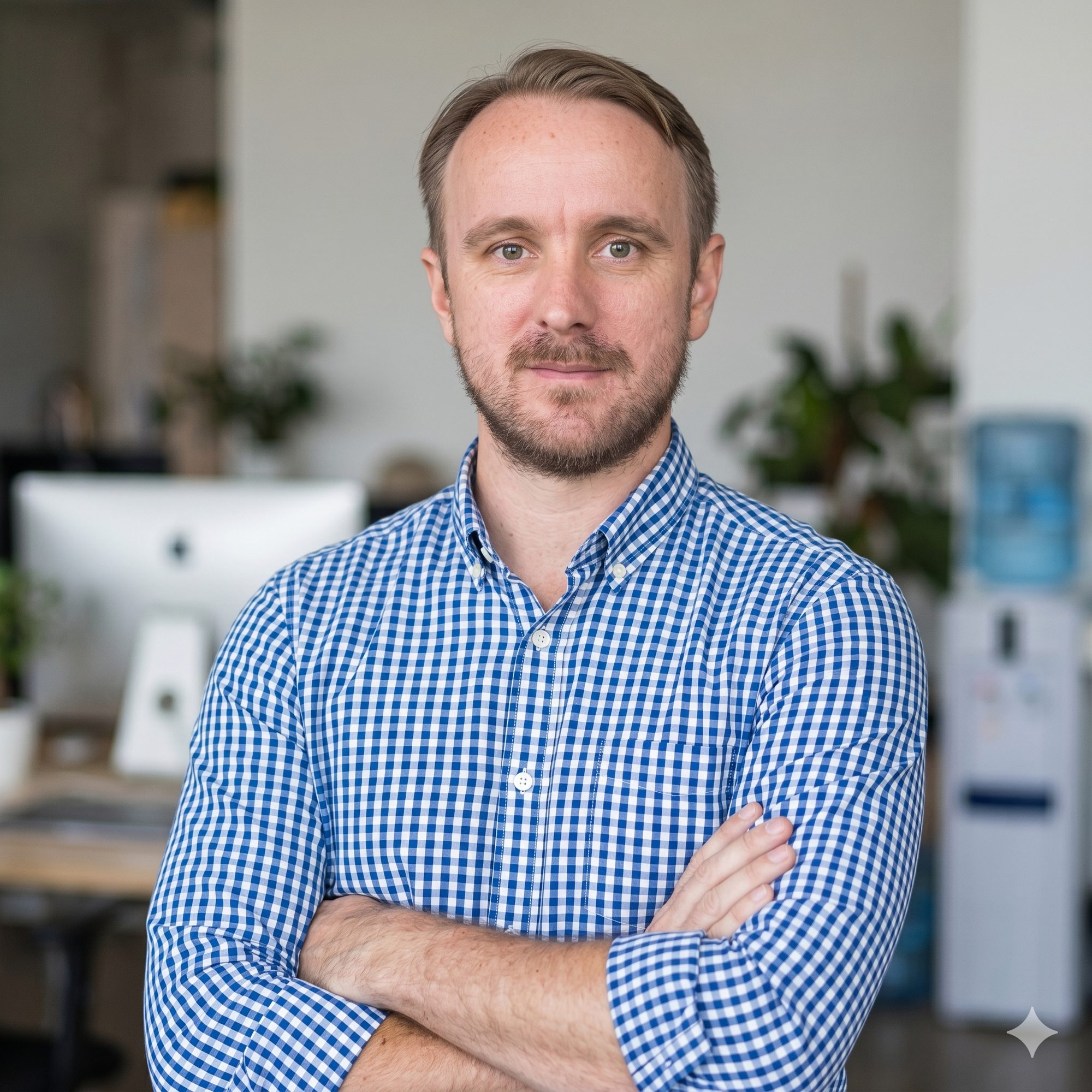 Small business owner standing in his bright office with arms crossed, relaxed and confident